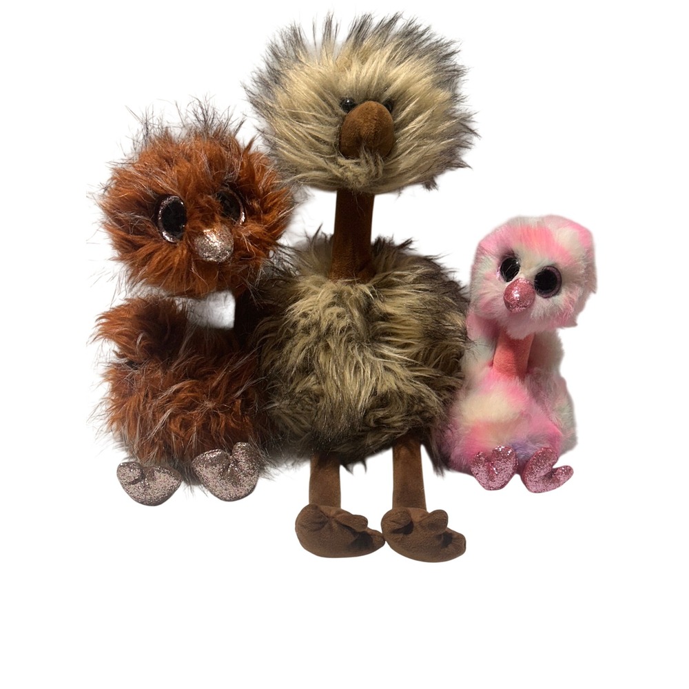 3 Shaggy Ostrich Lot Ty Beanie Boos Orson Avery Ostrich Bird Plush Pink Brown
